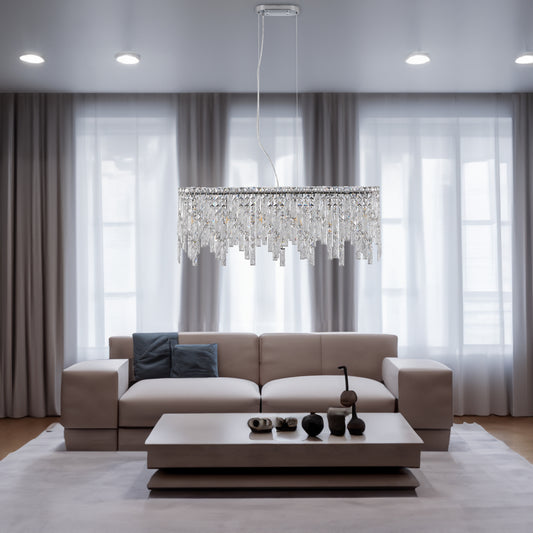 Silver elegant oval crystal pendant light, modern ceiling fixture with reflective suspended crystal (bulb not included)