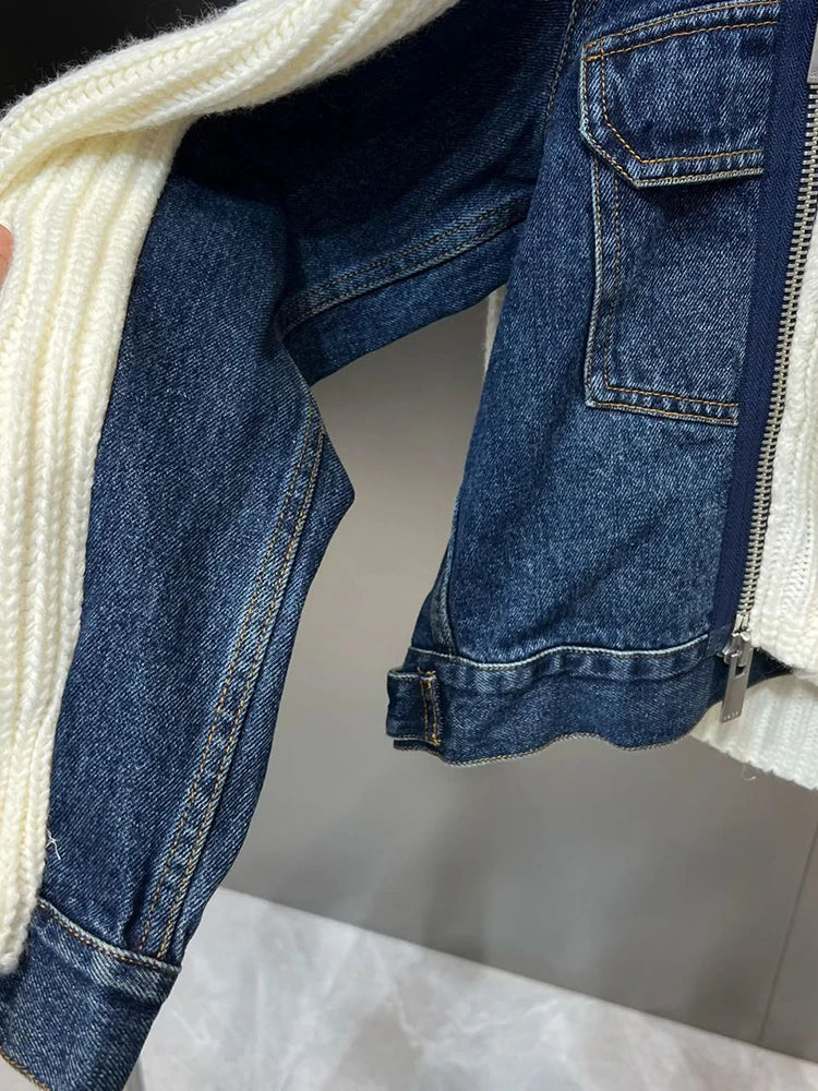 Spliced Denim Zipper Fake Two Piece Knitted Cardigans For Women Polo Collar Long Sleeve Designer Coat  Autumn