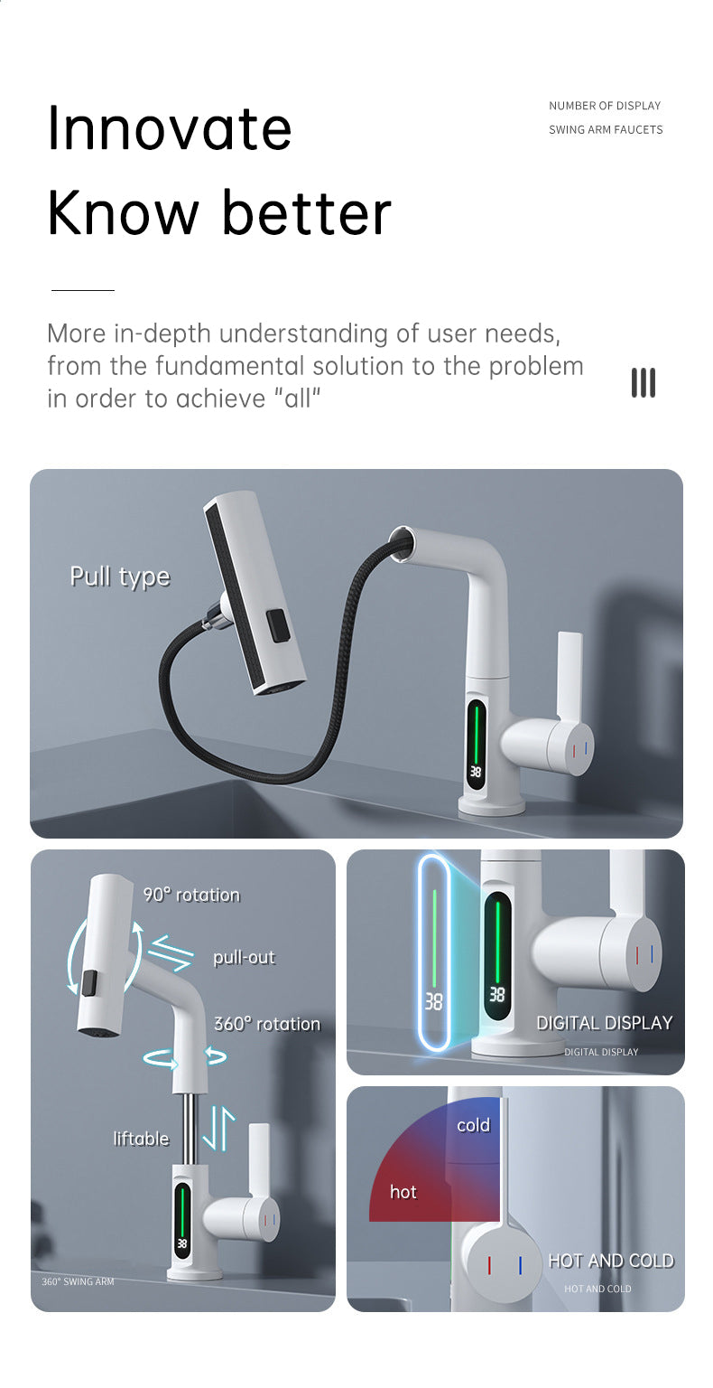 Intelligent Digital Display Faucet Pull-out Basin Faucet Temperature Digital Display Rotation