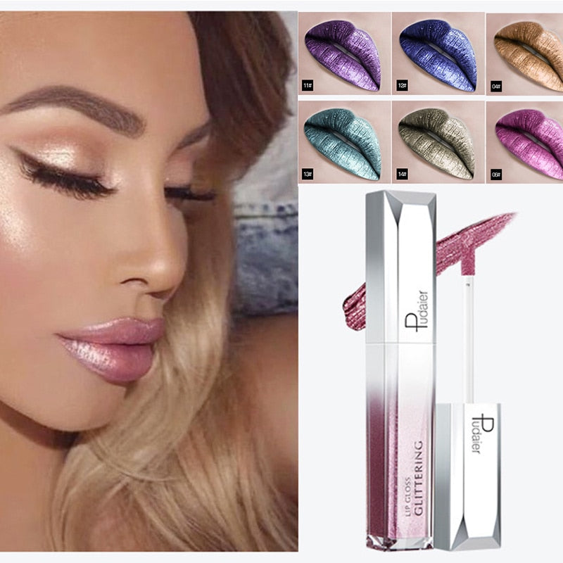 Pudaier Metallic Glitter Shine Full Color Lipstick Makeup Long-lasting Liquid Tint Lip Gloss Stick 18 Colors Moisturizing Batom