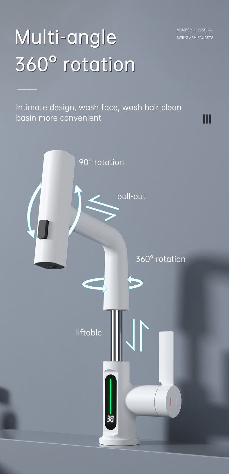 Intelligent Digital Display Faucet Pull-out Basin Faucet Temperature Digital Display Rotation