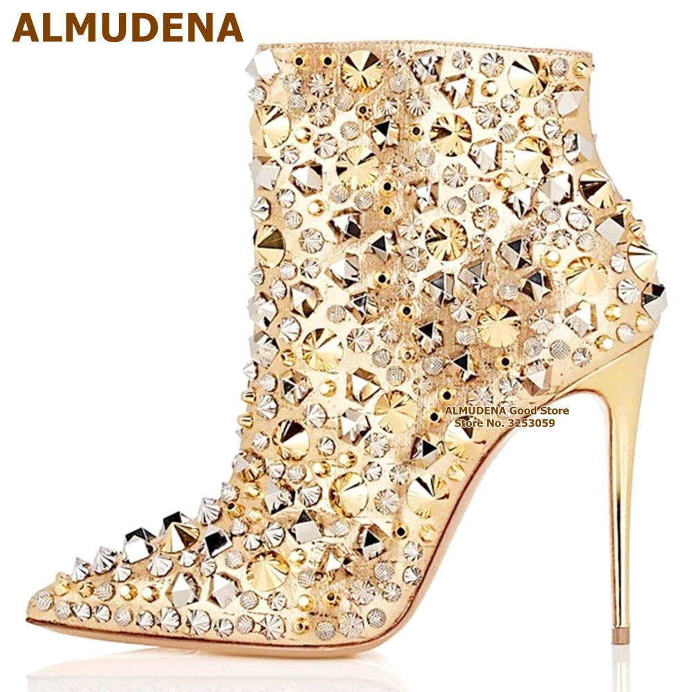 Glitter Gold Metallic Studs Ankle Boots Stiletto Heel Silver Shell Spikes Pointed Toe Booties Celebrity Dress Shoes