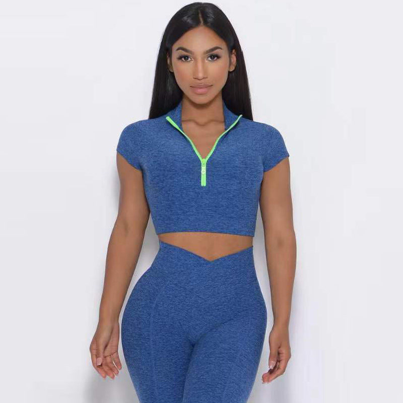 European and American yoga suit set, single shoulder bra, zipper, short sleeves, hip lifting shorts, long pants, fitness