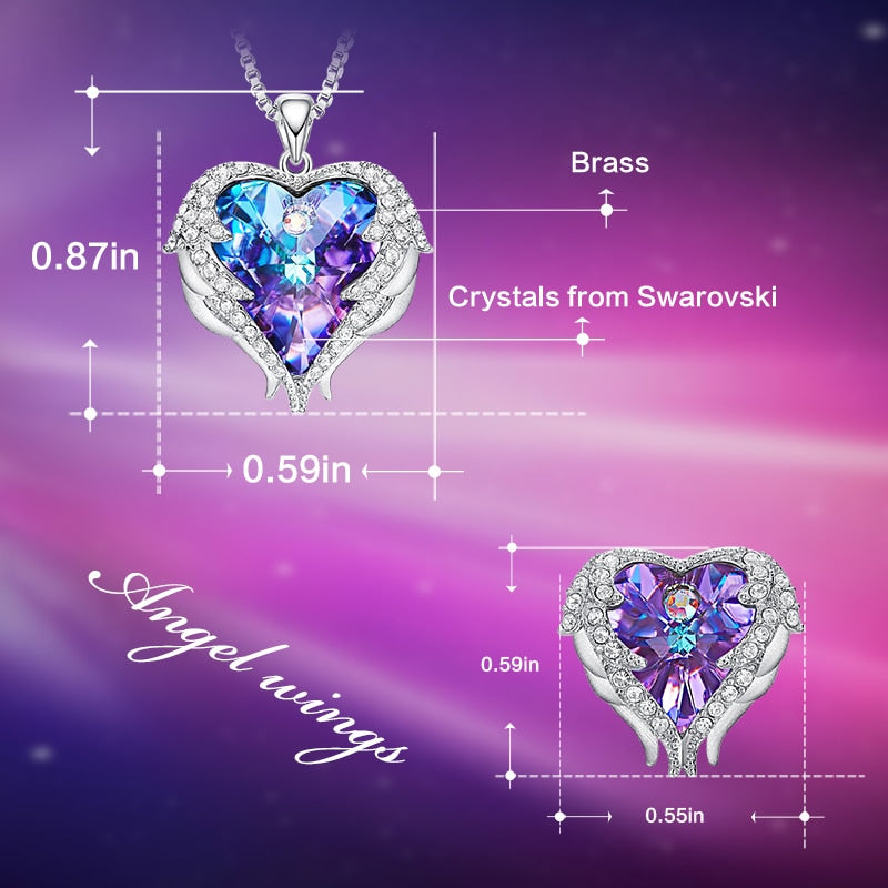 Cdyle Crystals from Swarovski Angel Wings Necklaces Earrings Purple Blue Crystal Heart Pendant Jewelry Set For Women Love Gifts