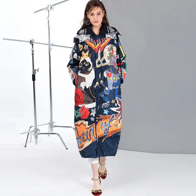 High quality  new Temperament Fashion Loose parka Print Vintage X-Long women down winter coat Warm Jacket Female Overcoat