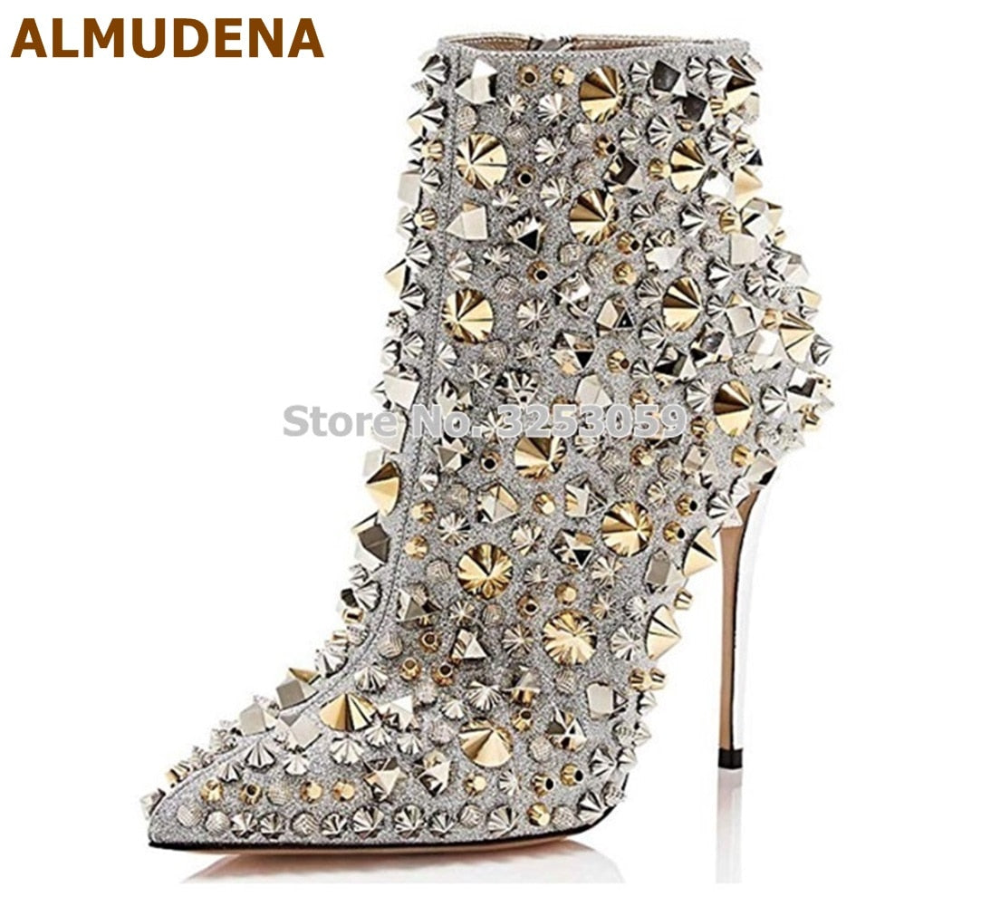 Glitter Gold Metallic Studs Ankle Boots Stiletto Heel Silver Shell Spikes Pointed Toe Booties Celebrity Dress Shoes