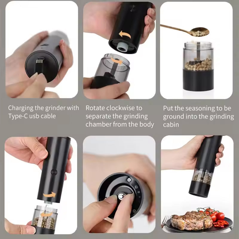 USB Charging Electric Pepper & Sea Salt Grinder with Base and Double Support for Easy Charging and Use