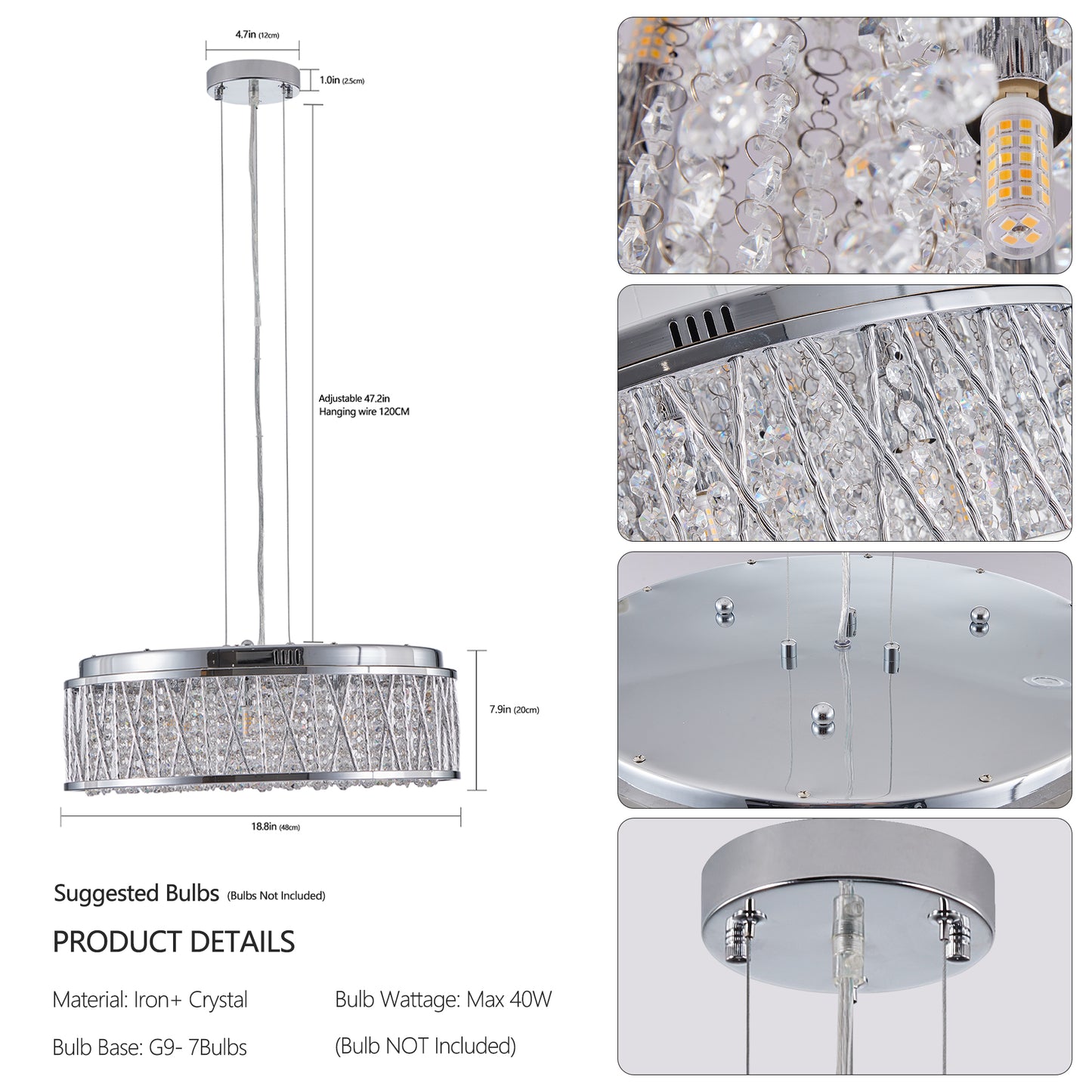 Modern Crystal Pendant 18.9-inch Aluminum+Iron Circular Ceiling Light Embedded Ceiling Fixture