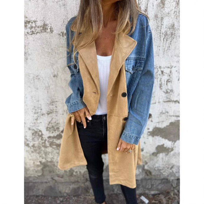 Fashion collar long sleeved loose patchwork denim versatile mid length jacket for women