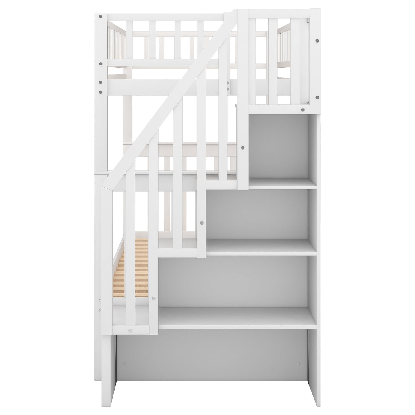 Twin over Twin Bunk Bed with Trundle and Storage  White