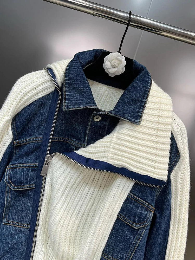 Spliced Denim Zipper Fake Two Piece Knitted Cardigans For Women Polo Collar Long Sleeve Designer Coat  Autumn