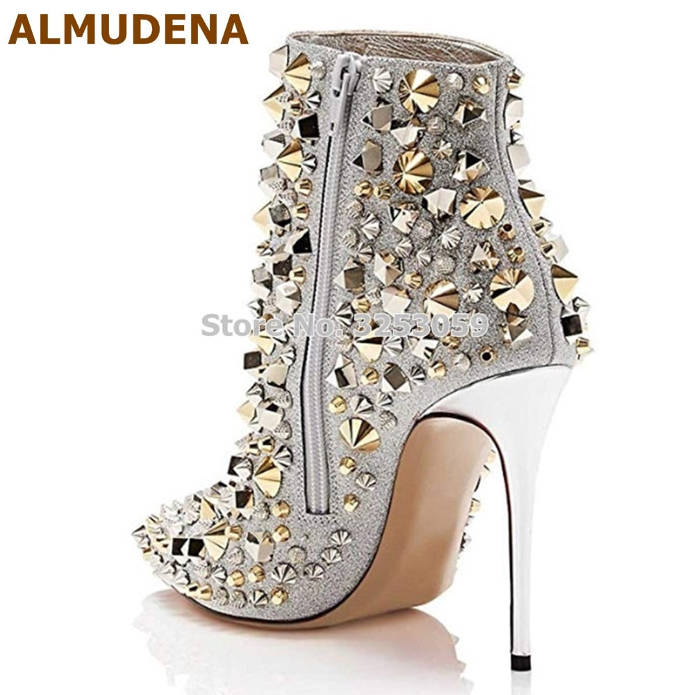 Glitter Gold Metallic Studs Ankle Boots Stiletto Heel Silver Shell Spikes Pointed Toe Booties Celebrity Dress Shoes