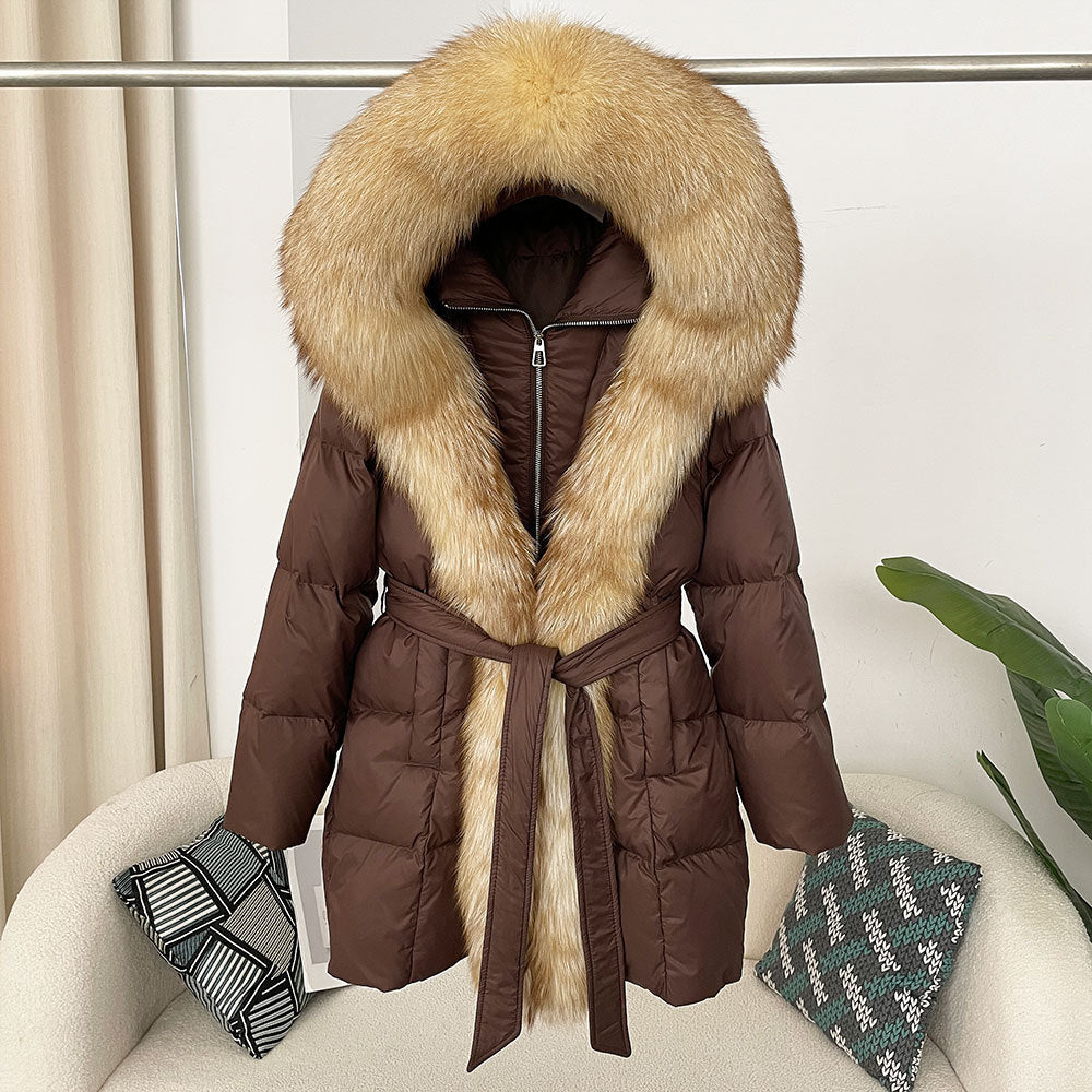 Hooded down jacket women's fox fur collar