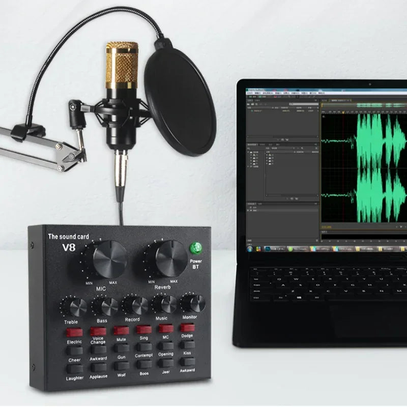 V8 Professional Sound Card Streaming Live Broadcast Podcast Recording Studio Equipment Voice Changer Audio Interface SoundCard