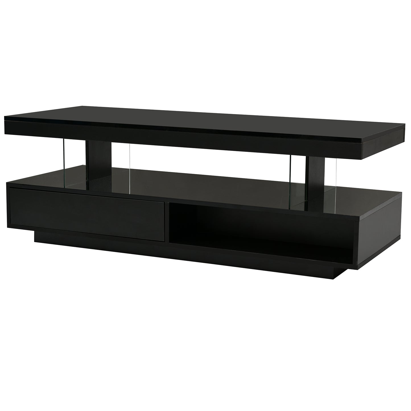 U-Can LED coffee table with storage space, modern central table with 2 drawers and display rack, equipped with LED lights, black