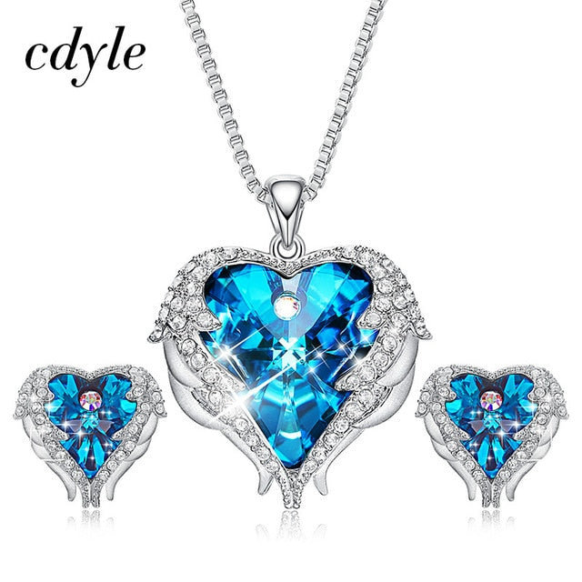 Cdyle Crystals from Swarovski Angel Wings Necklaces Earrings Purple Blue Crystal Heart Pendant Jewelry Set For Women Love Gifts