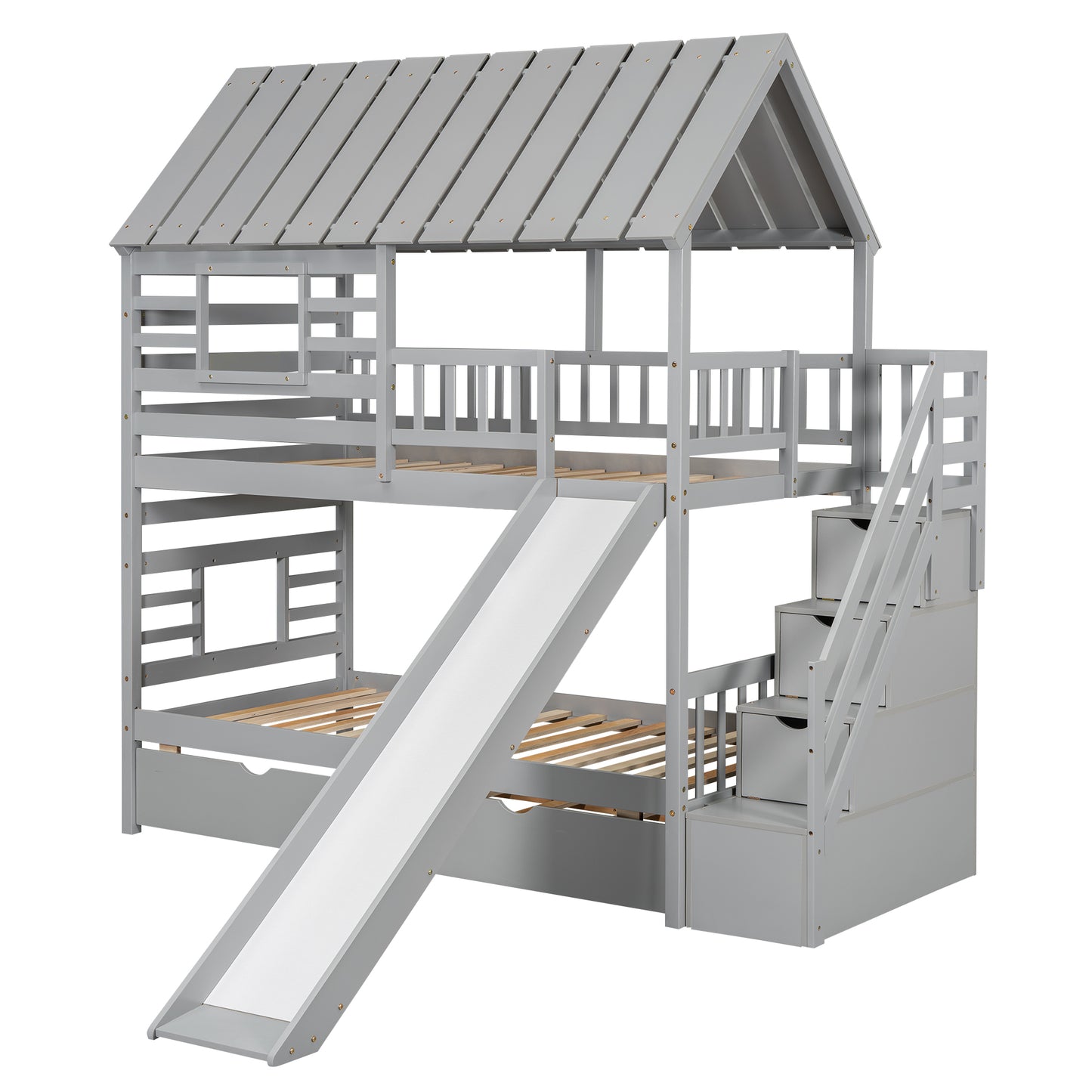 Twin over Twin House Bunk Bed with Trundle and Slide Storage Staircase, Roof and Window Design  Gray