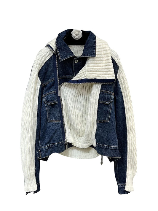 Spliced Denim Zipper Fake Two Piece Knitted Cardigans For Women Polo Collar Long Sleeve Designer Coat  Autumn