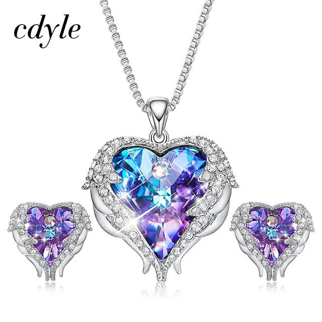 Cdyle Crystals from Swarovski Angel Wings Necklaces Earrings Purple Blue Crystal Heart Pendant Jewelry Set For Women Love Gifts