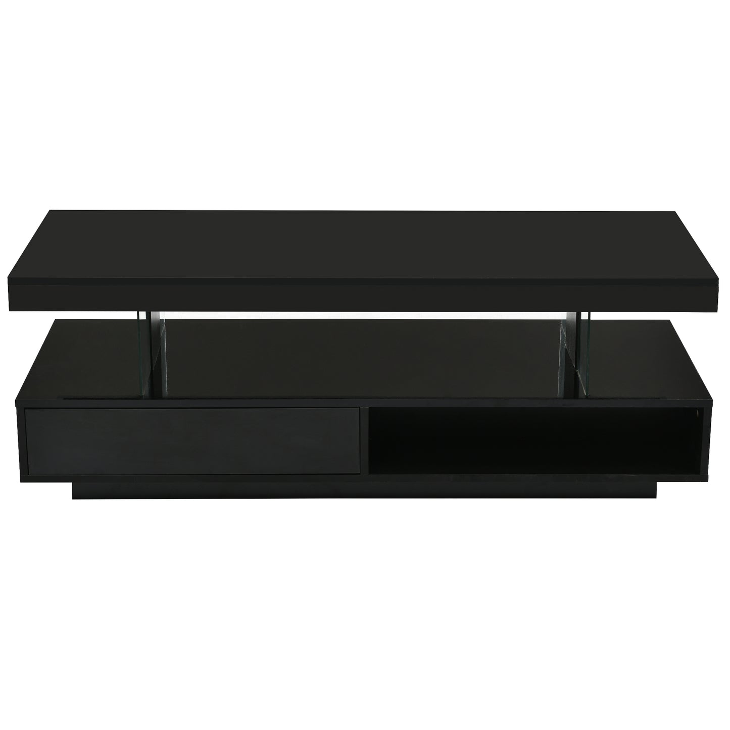 U-Can LED coffee table with storage space, modern central table with 2 drawers and display rack, equipped with LED lights, black