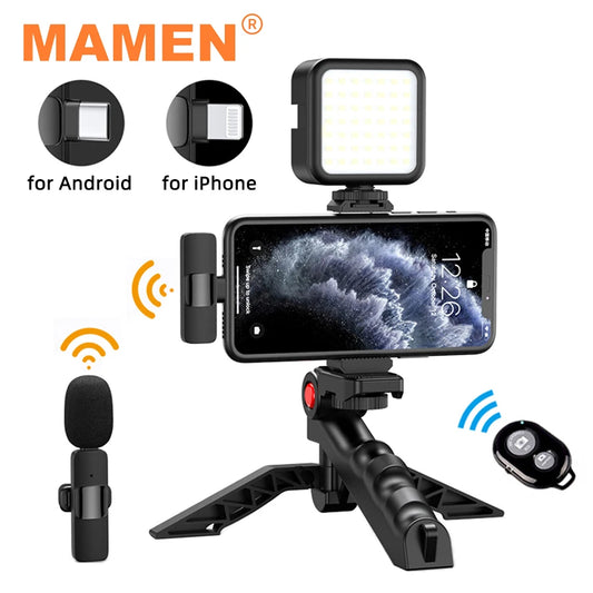 MAMEN Wireless Vlogging Kit Phone Tripod with Lavalier Microphone LED Light for iPhone Android Smartphone Live Streaming Toolkit