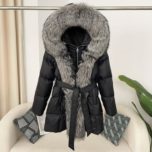 Hooded down jacket women's fox fur collar