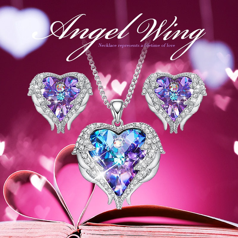 Cdyle Crystals from Swarovski Angel Wings Necklaces Earrings Purple Blue Crystal Heart Pendant Jewelry Set For Women Love Gifts