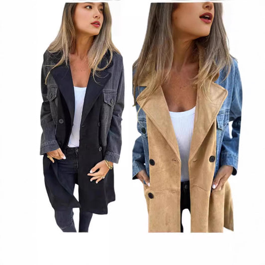 Fashion collar long sleeved loose patchwork denim versatile mid length jacket for women