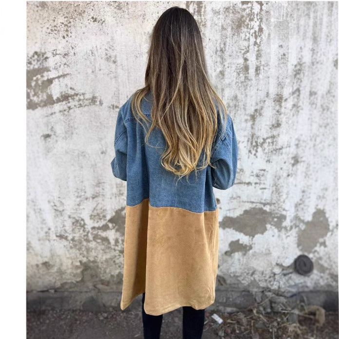 Fashion collar long sleeved loose patchwork denim versatile mid length jacket for women