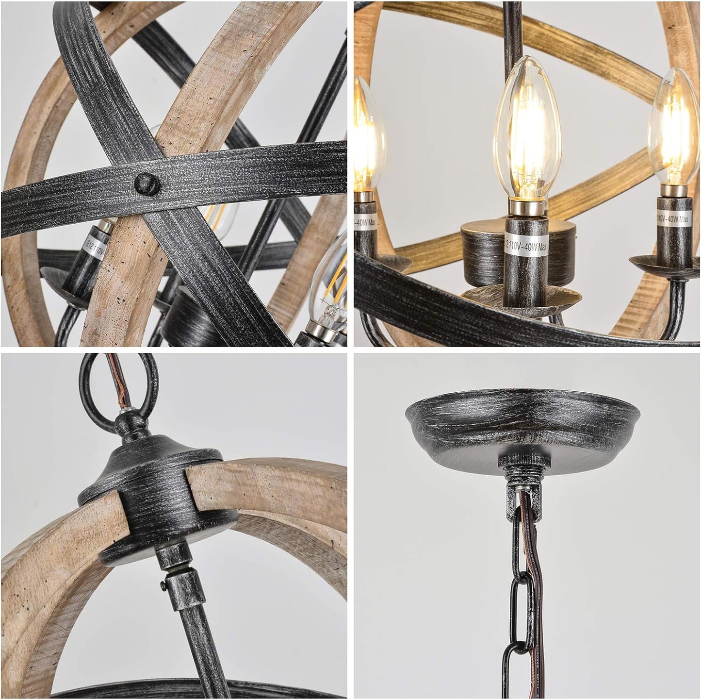 Farmhouse Chandelier Light Fixtures 4-Light Dining Room Light Fixtures Height Adjustable Rustic Wood Light