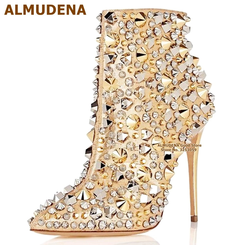 Glitter Gold Metallic Studs Ankle Boots Stiletto Heel Silver Shell Spikes Pointed Toe Booties Celebrity Dress Shoes