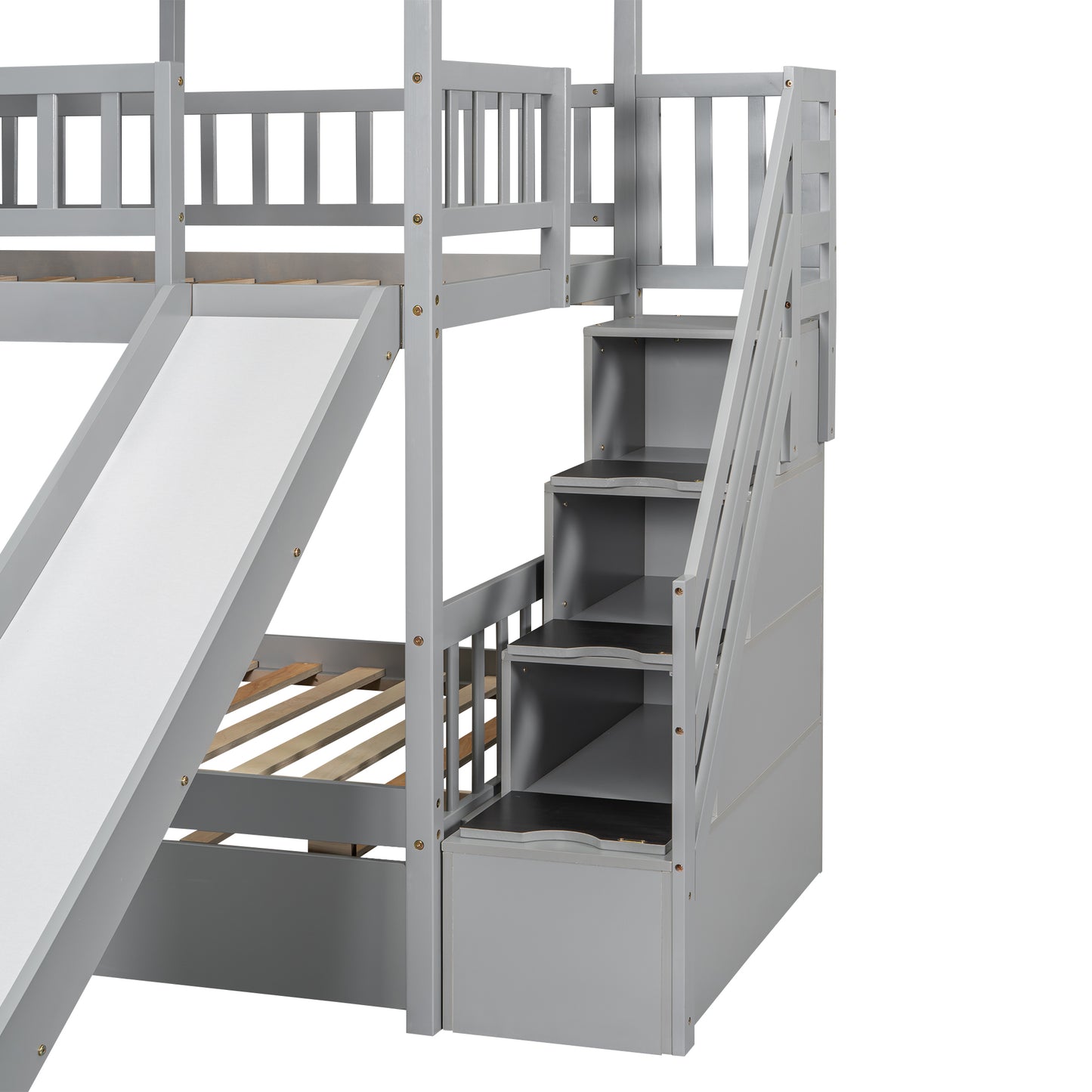 Twin over Twin House Bunk Bed with Trundle and Slide Storage Staircase, Roof and Window Design  Gray