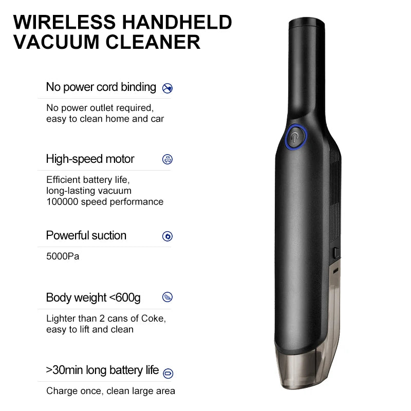 Handheld Wireless Vacuum Cleaner Rechargeable Cyclone Suction Car Vacuum Cleaner Cordless Wet/Dry Auto Portable for Car Home